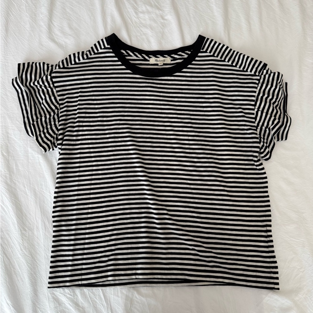 Women’s Madewell Black and White Striped Ruffle Sleeve T-Shirt